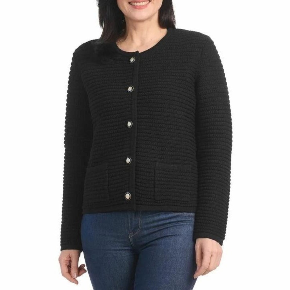 NWT Hilary Radley Women's M Black Ribbed Knit Cardigan Sweater Viscose Blend